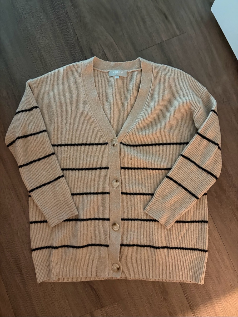 Weekend Beige Striped V-Neck Button Cardigan Sweater